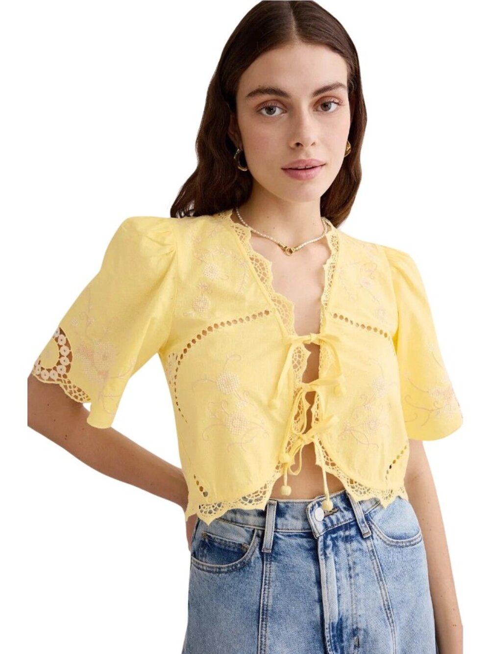 Sea New York Vesna Embroidery Top in Yellow XSmall Womens Cropped Blouse